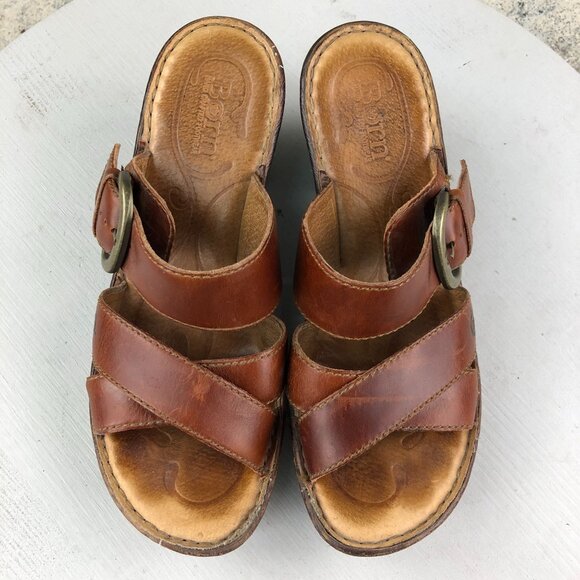 Born Women's 7 Tinari Brown Leather Open Toe Buckle Slip On High Heel Sandals - Picture 4 of 16